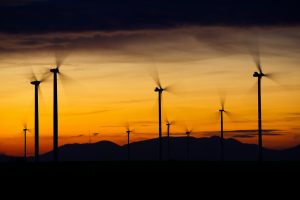 wind turbines, silhouettes, sunset