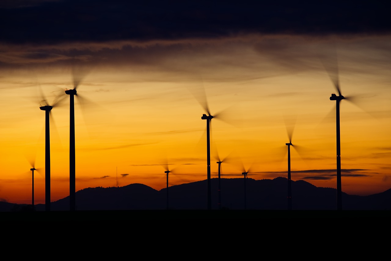 wind turbines, silhouettes, sunset